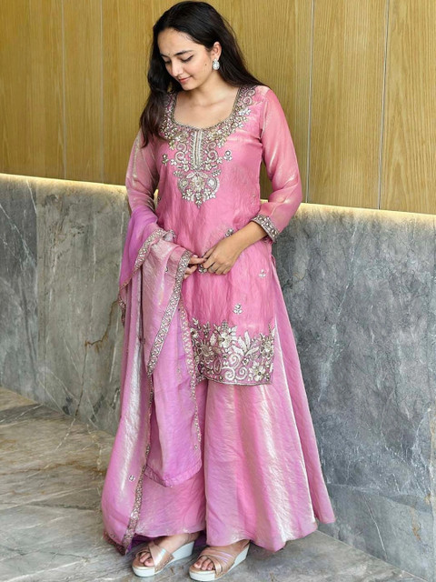 HERE&NOW Women Ethnic Motifs Embroidered Regular Kurta with Sharara & With Dupatta
