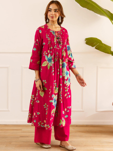Nehamta Women Floral Printed Regular Chanderi Cotton Kurta Sets - Image 3