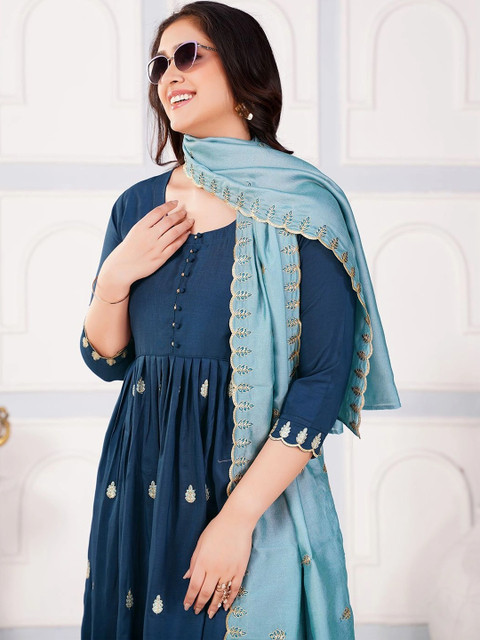 KALINI Women Floral Embroidered Empire Thread Work Kurta with Trousers & With Dupatta - Image 5