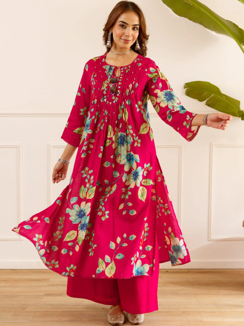 Nehamta Women Floral Printed Regular Chanderi Cotton Kurta Sets - Image 6