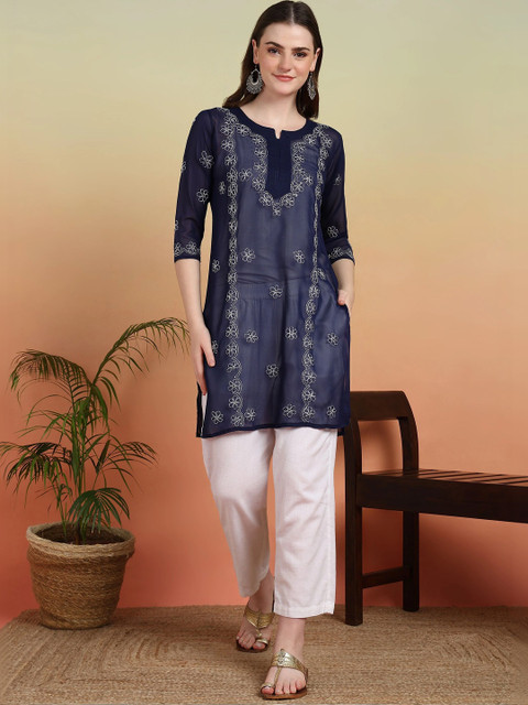 KALINI Women Floral Embroidered Chikankari Georgette Blend Kurta
