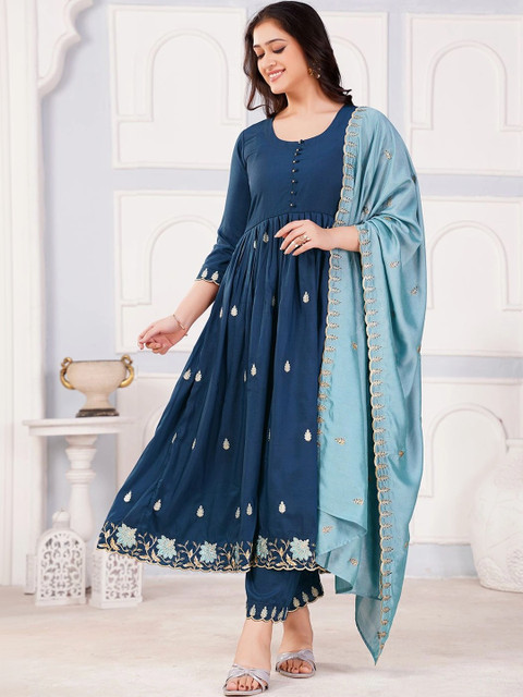 KALINI Women Floral Embroidered Empire Thread Work Kurta with Trousers & With Dupatta