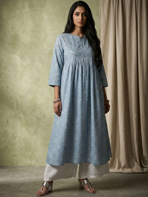 Sangria Bandhani Printed Cotton Notched Neck Calf Length A-Line Kurta