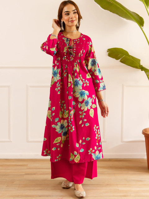 Nehamta Women Floral Printed Regular Chanderi Cotton Kurta Sets - Image 4