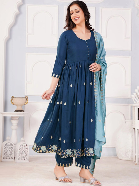KALINI Women Floral Embroidered Empire Thread Work Kurta with Trousers & With Dupatta - Image 3