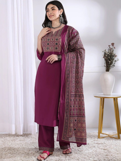 Anouk Rustic Women Ethnic Motifs Embroidered Regular Thread Work Kurta with Palazzos & With Dupatta
