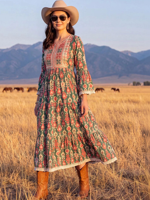 Indo Era Ethnic Motifs Print Flared Sleeve A-Line Maxi Dress