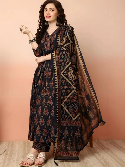 PinkLabel Ethnic Motifs Printed Regular Pure Cotton Kurta With Trousers & Dupatta