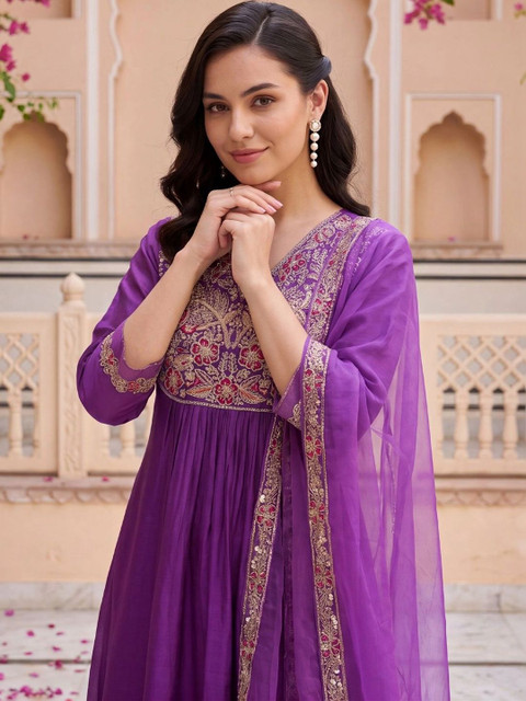 Indo Era Women Ethnic Motifs Embroidered Empire Liva Kurta with Trousers & With Dupatta