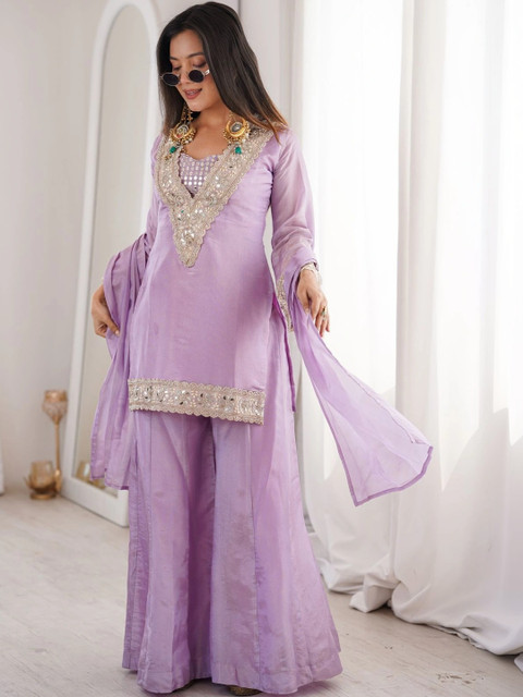 Zulaniya Women Embroidered Regular Sequinned Silk Georgette Kurta with Sharara & With Dupatta