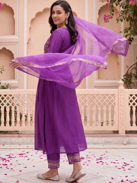 Indo Era Women Ethnic Motifs Embroidered Empire Liva Kurta with Trousers & With Dupatta - Image 2