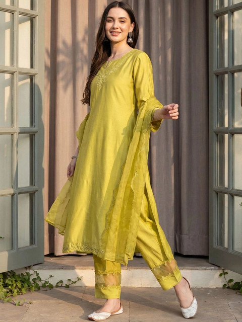 Indo Era Women Ethnic Motifs Embroidered Regular Thread Work Liva Kurta with Trousers & With Dupatta - Image 2