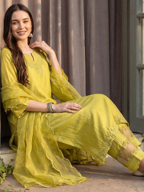 Indo Era Women Ethnic Motifs Embroidered Regular Thread Work Liva Kurta with Trousers & With Dupatta - Image 4