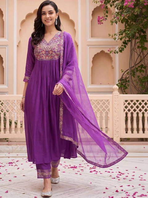 Indo Era Women Ethnic Motifs Embroidered Empire Liva Kurta with Trousers & With Dupatta - Image 5