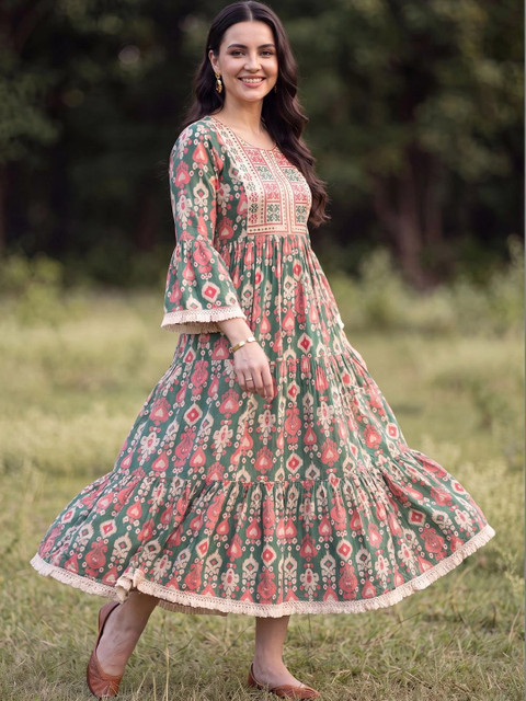 Indo Era Print Flared Sleeve Ruffled Maxi Dress