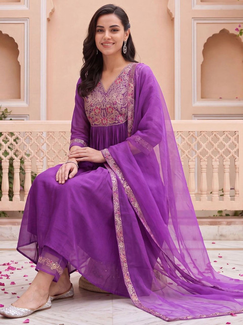 Indo Era Women Ethnic Motifs Embroidered Empire Liva Kurta with Trousers & With Dupatta - Image 4