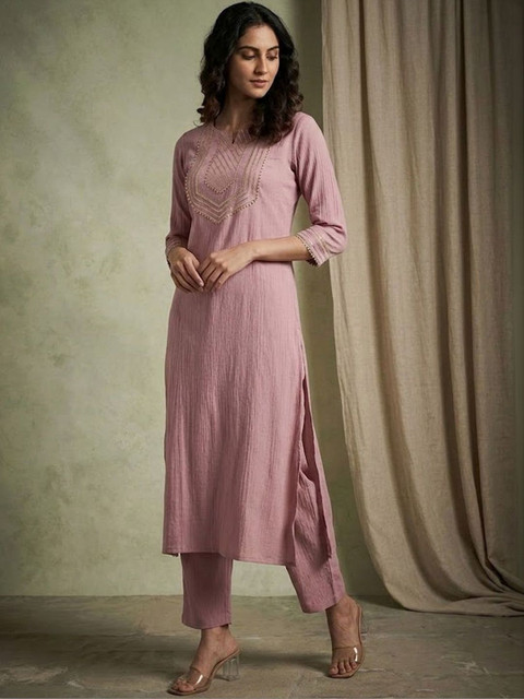 Sangria Embellished Round Neck Calf Length Straight Kurta