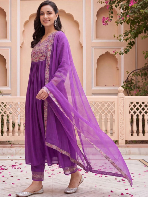 Indo Era Women Ethnic Motifs Embroidered Empire Liva Kurta with Trousers & With Dupatta - Image 3