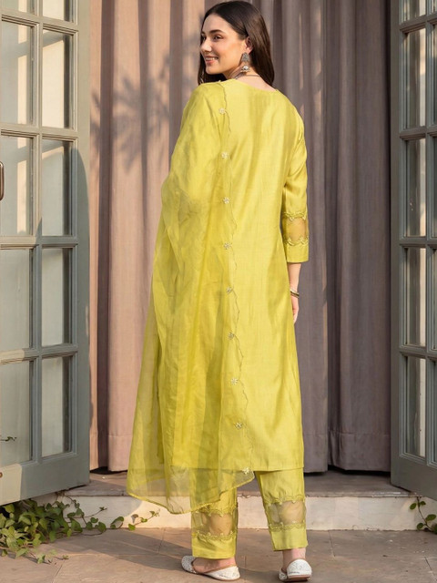 Indo Era Women Ethnic Motifs Embroidered Regular Thread Work Liva Kurta with Trousers & With Dupatta - Image 5