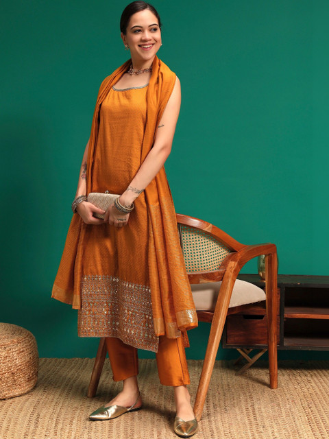 Sangria Women Ethnic Motifs Regular Thread Work Kurta with Trousers & With Dupatta