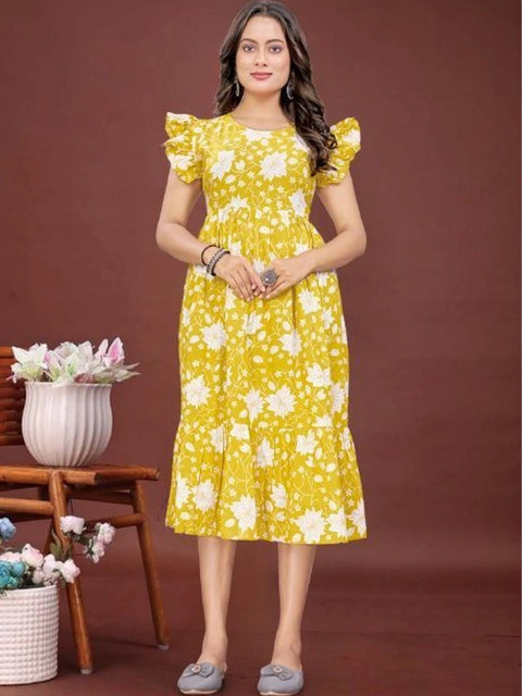 DIVA LUXORA Floral Print Flared Sleeve Ruffled A-Line Midi Dress
