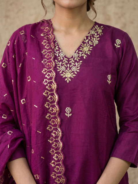 Sangria Women Ethnic Motifs Embroidered Regular Kurta with Trousers & With Dupatta - Image 5