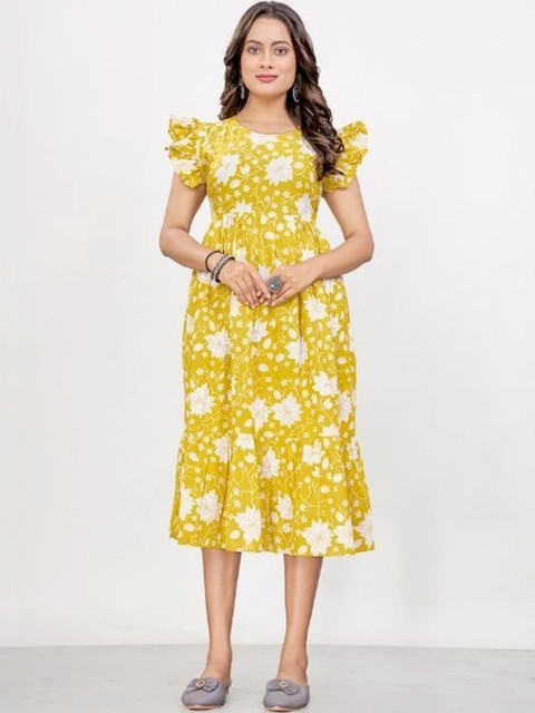 APASRANI LABEL Floral Print Puff Sleeve Ruffled A-Line Midi Dress