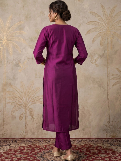 Sangria Women Ethnic Motifs Embroidered Regular Kurta with Trousers & With Dupatta - Image 3