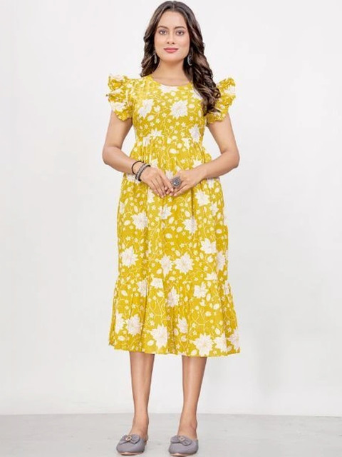 DIVA LUXORA Floral Print Flutter Sleeve A-Line Midi Dress