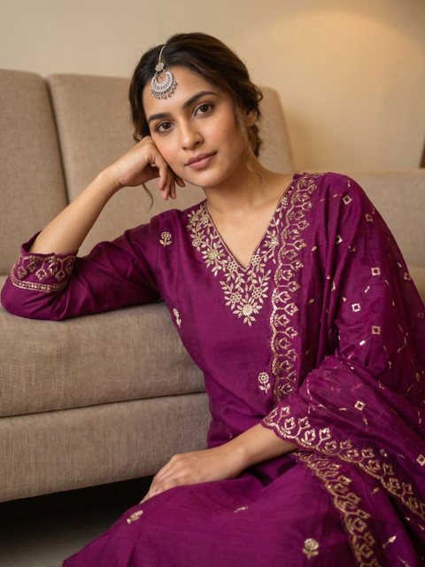 Sangria Women Ethnic Motifs Embroidered Regular Kurta with Trousers & With Dupatta - Image 4