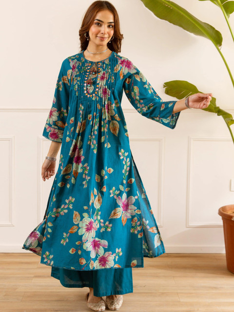 Nehamta Women Floral Printed Pleated Thread Work Chanderi Cotton Kurta with Palazzos - Image 6