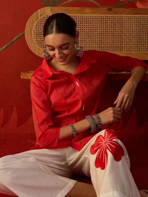 Sangria Floral Solid Shirt with Trousers & Shrug