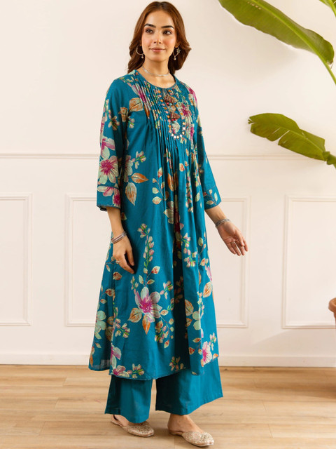 Nehamta Women Floral Printed Pleated Thread Work Chanderi Cotton Kurta with Palazzos - Image 3
