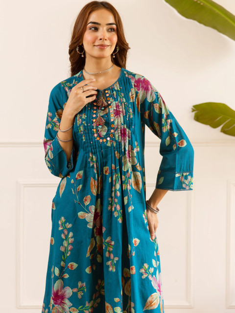 Nehamta Women Floral Printed Pleated Thread Work Chanderi Cotton Kurta with Palazzos - Image 5
