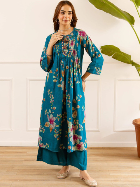 Nehamta Women Floral Printed Pleated Thread Work Chanderi Cotton Kurta with Palazzos