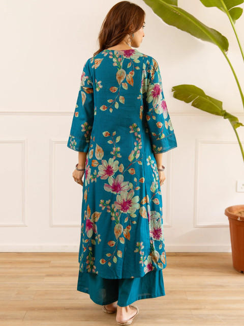 Nehamta Women Floral Printed Pleated Thread Work Chanderi Cotton Kurta with Palazzos - Image 2