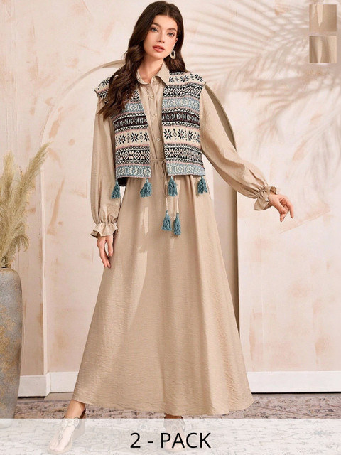 Milvia Women Ruffled Chiffon Shirt Maxi Dress with Printed Jacket