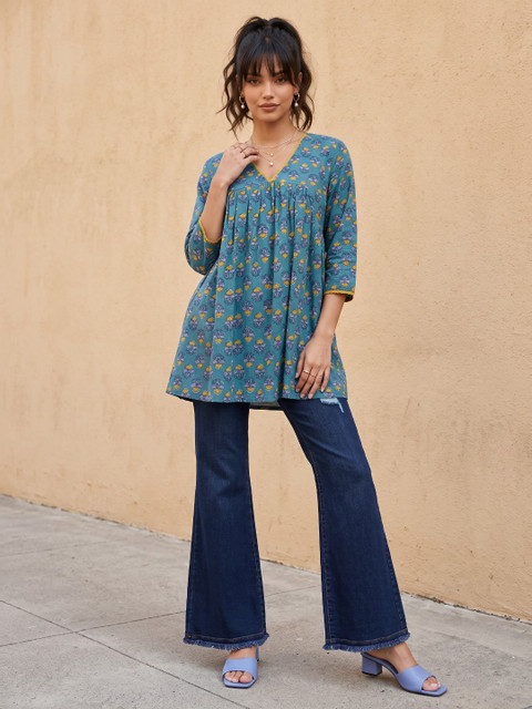 fusion by glitchez V-Neck Floral Printed Pure Cotton Fit & Flare Kurta - Image 3