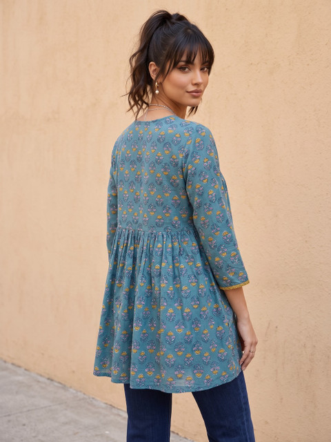 fusion by glitchez V-Neck Floral Printed Pure Cotton Fit & Flare Kurta - Image 2