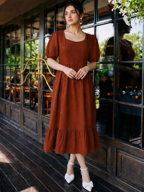 KASIBAA Puff Sleeve A-Line Midi Dress