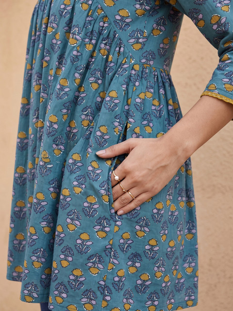 fusion by glitchez V-Neck Floral Printed Pure Cotton Fit & Flare Kurta - Image 5