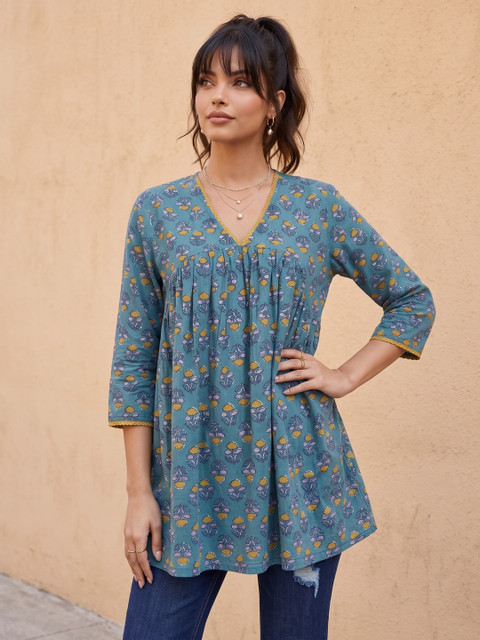 fusion by glitchez V-Neck Floral Printed Pure Cotton Fit & Flare Kurta