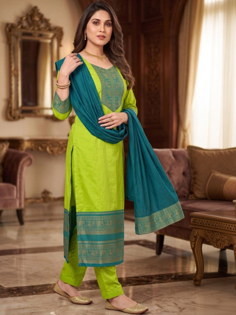 Mitera Women Ethnic Motifs Woven Design Chanderi Cotton Jacquard Kurta & Dupatta