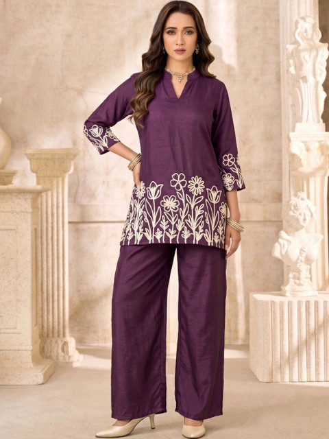 Sangria Bohemian Embroidered Tunic with Palazzos