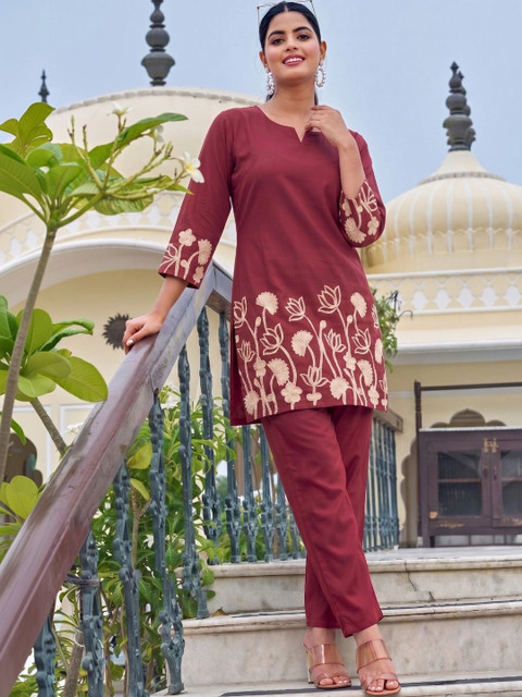 Sangria Floral Embroidered Tunic with Trousers