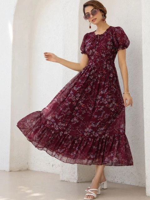 QENA Floral Print Puff Sleeve Georgette A-Line Midi Dress