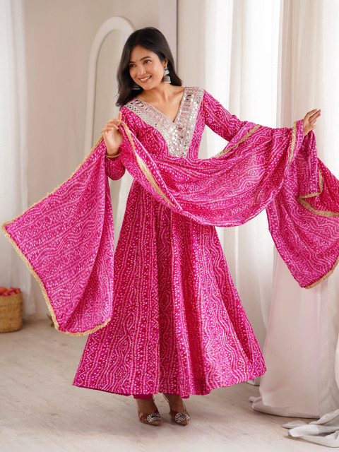 HERE&NOW Women Bandhani Printed Empire Mirror Work Kurta with Trousers & With Dupatta - Image 6
