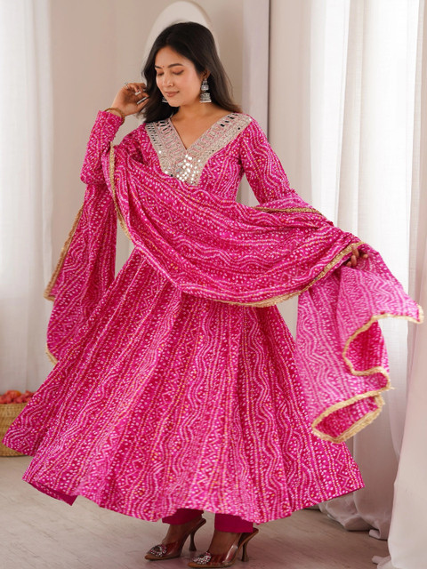 HERE&NOW Women Bandhani Printed Empire Mirror Work Kurta with Trousers & With Dupatta - Image 2