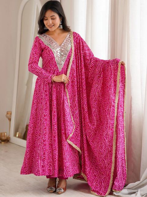 HERE&NOW Women Bandhani Printed Empire Mirror Work Kurta with Trousers & With Dupatta
