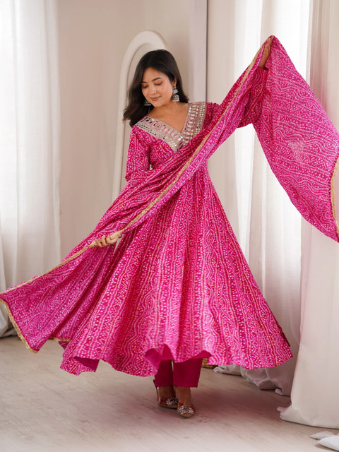 HERE&NOW Women Bandhani Printed Empire Mirror Work Kurta with Trousers & With Dupatta - Image 7